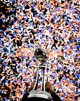 Florida A&M University Head Coach, Willie Simmons hoisting the trophy as the Champion Bowl Champion on December 16, 2023