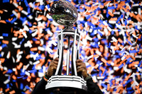 Florida A&M University Head Coach, Willie Simmons hoisting the trophy as the Champion Bowl Champion on December 16, 2023